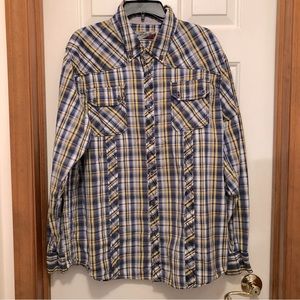 Women’s size XXL button-down blue and yellow plaid shirt by Red Snap
